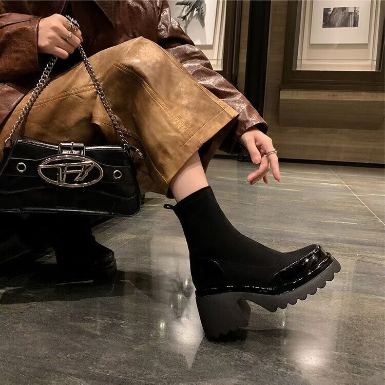 [Ran Jie Special Price Broken Size Clearance] Thick Bottom Martin Boots Women's Genuine Leather Loaf Stretch Boots Autumn and Winter High Heel Thick Heel Hundred