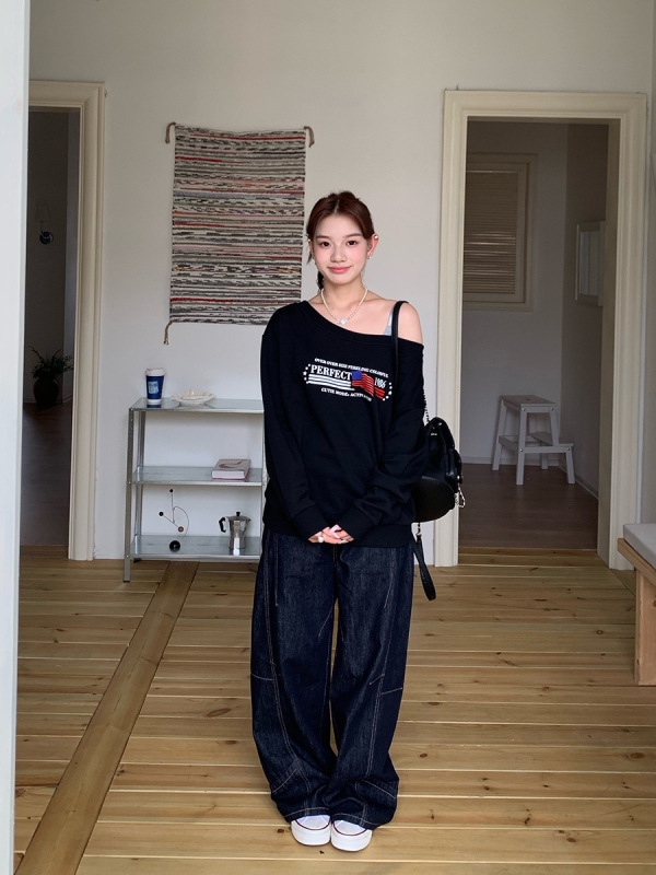 橘子树在哪儿复古卡其色拼接牛仔裤女春秋设计感直筒阔腿垂感裤子|undefined