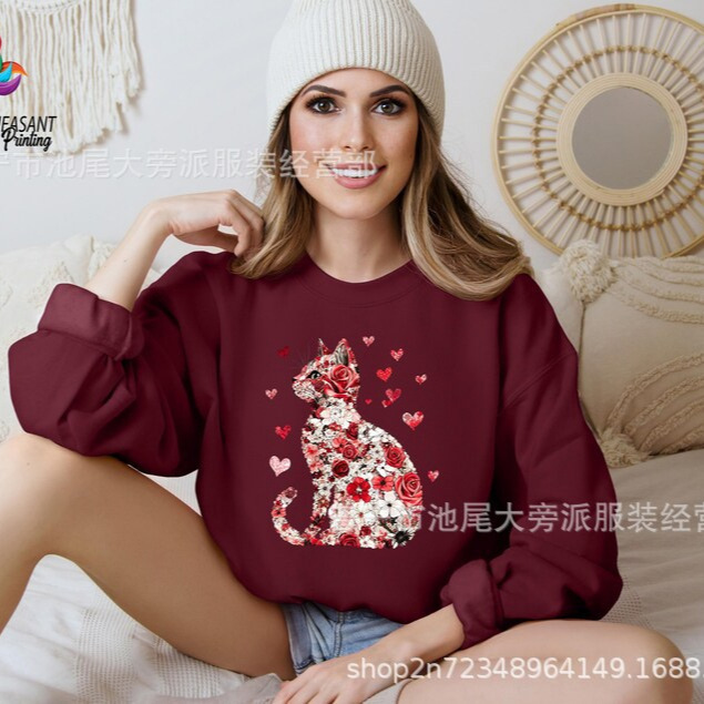 Cross-border Europe and the United States Europe cute cat Valentine's Day best gift support other image custom round neck sweater Cross-border Europe and the United States Europe cute cat Valentine's Day best gift support other image custom round neck sweater