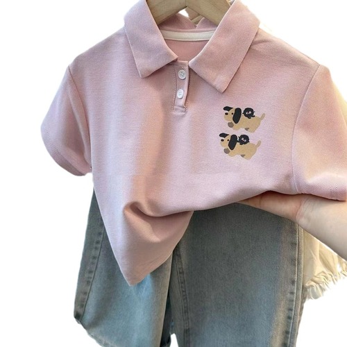 Korean children's summer T-shirt for middle kids 2024, polo collar, loose and casual, turn-up collar top for students