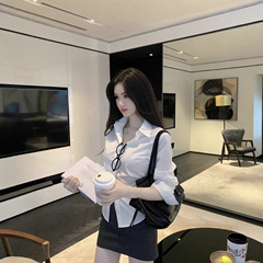 famouswang2025年早秋季新款褶皱收腰长袖衬衫女设计感修身上衣