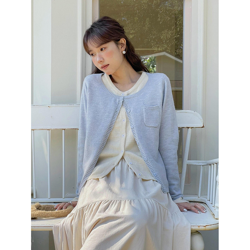 【Double-Layered Cream Faux Two-Piece Cardigan in 3 Colors】Geming Color-Blocked Knitted Cardigan Spring Top Y8810F