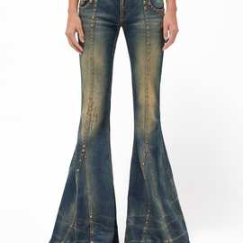 大美女氛围千禧辣妹巨显腿长低腰铆钉牛仔喇叭裤长裤