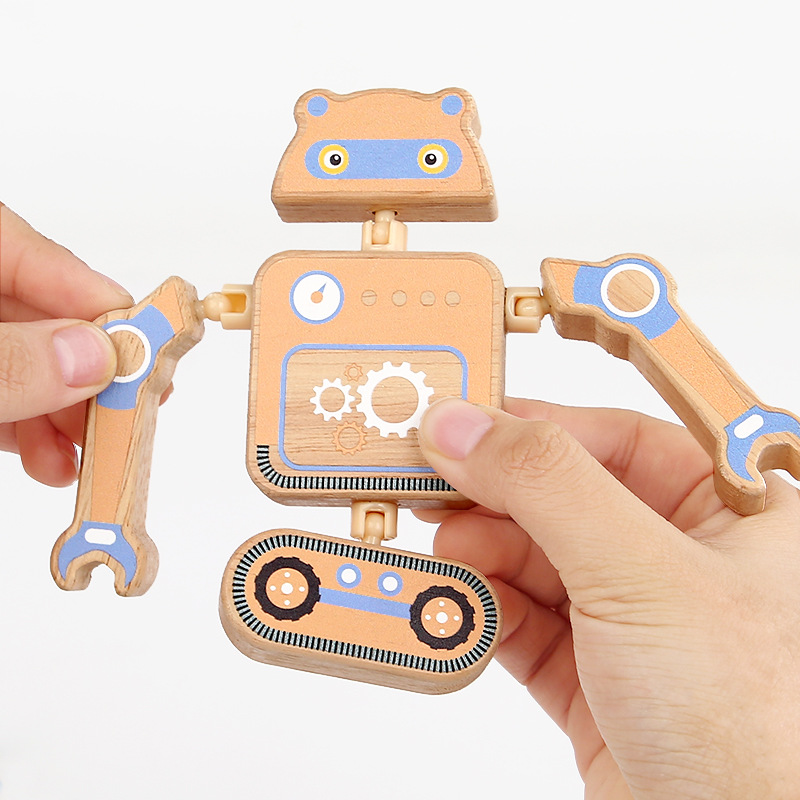 Los niños ensamblan una variedad de robots de madera, bricolaje creativo, bloques de construcción tridimensionales de madera, juguetes de coordinación mano-ojo