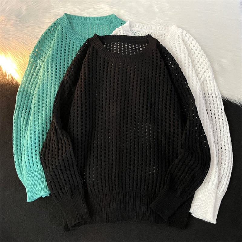 2025 Spring and Autumn Hollow Sweater Men's Round Neck Pullover Solid Color Couple Trendy Brand Layered Retro Loose Korean Style Sweater 2025 Spring and Autumn Hollow Sweater Men's Round Neck Pullover Solid Color Couple Trendy Brand Layered Retro Loose Korean Style Sweater
