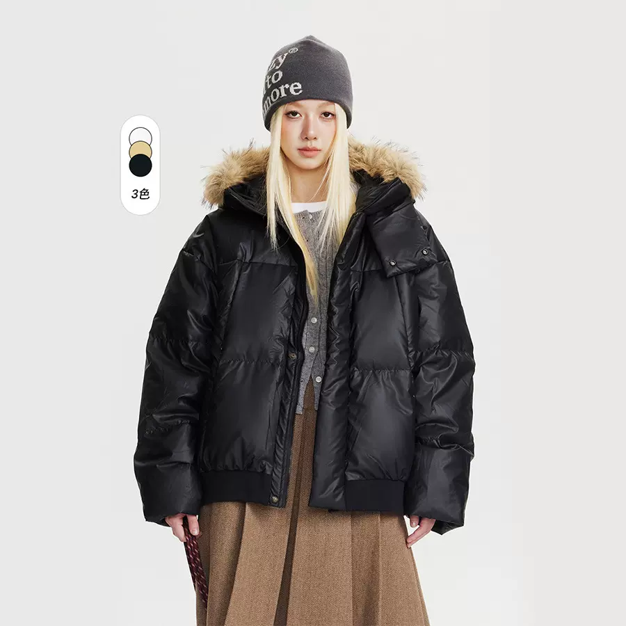 CATTEE白鸭绒美式复古毛领连帽羽绒服男女秋冬季保暖防寒情侣外套