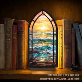 跨境新品Book Nook海边落日木质书架装饰摆件家居书房客厅装饰品