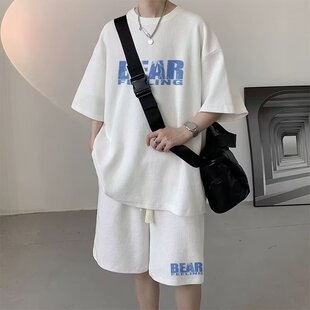 Summer New Short-sleeved T-shirt Set Waffles Casual All-match Sports Thin Loose Men's Summer Set