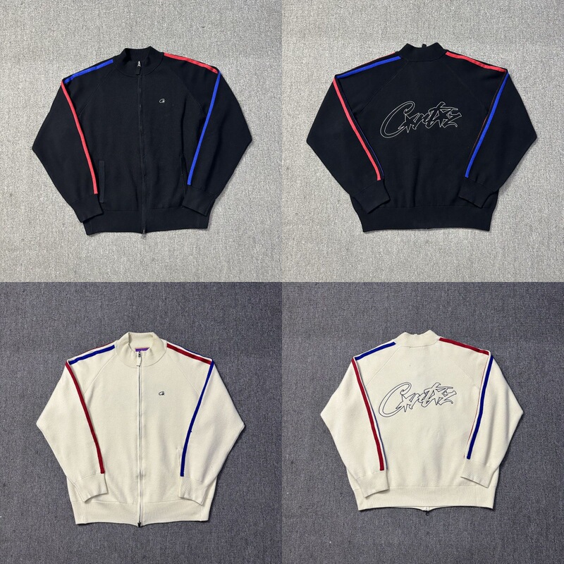 Corteiz Street Hip-Hop Embroidered Lettering Stand-Up Collar Zip-Up Red and Blue Striped Cardigan Knit Sweater Jacket Corteiz Street Hip-Hop Embroidered Lettering Stand-Up Collar Zip-Up Red and Blue Striped Cardigan Knit Sweater Jacket