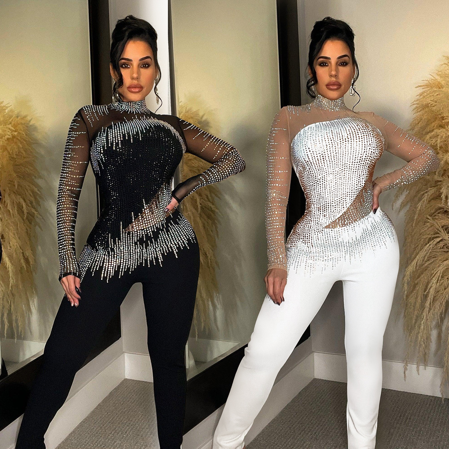 C6226 transfronteriza AliExpress Amazon moda europea y americana de las mujeres de color sólido de malla de diamantes de imitación pantalones de manga larga mono
