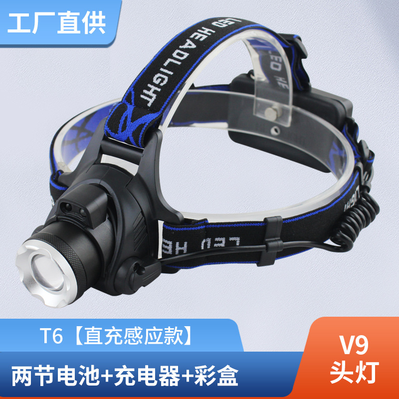 Procesamiento de faros de pesca personalizados, reflector de luz fuerte impermeable al aire libre, faros de sensor de carga con zoom telescópico T6