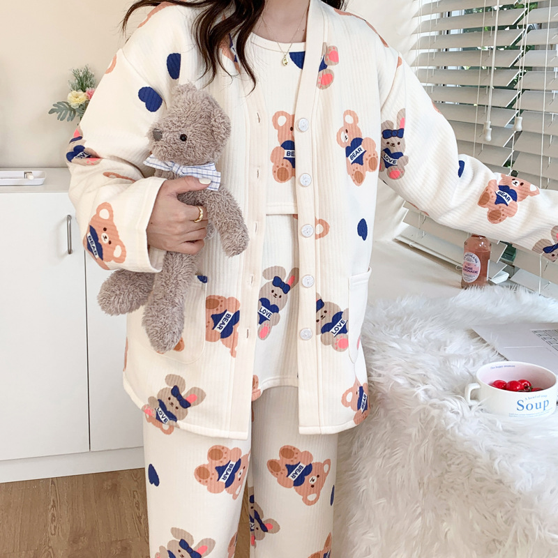 Pregnant women's pajamas autumn and winter air cotton three-piece set thickened confinement clothing pregnancy postpartum confinement breast-feeding