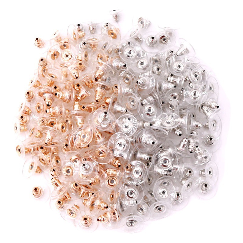 Accesorios de joyería, tapones universales de goma para aretes, tapones de frisbee dorados y plateados anti-pinchazos, tapones de frisbee metálicos para orejas, venta al por mayor de tapones para orejas.