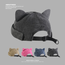 帽子女可爱猫耳朵无檐地主帽时尚百搭瓜皮帽水洗做旧雅痞帽子男潮