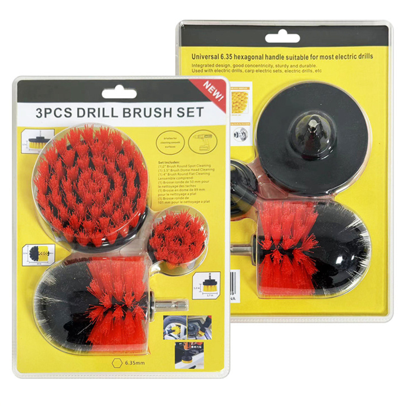 Transfronterizo de doble burbuja 3 piezas 2 pulgadas 3.5 pulgadas 4 pulgadas cepillo de limpieza eléctrica amarillo conjunto de cepillo de perforación eléctrica de limpieza de automóviles