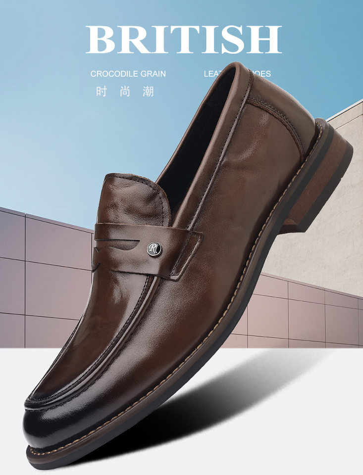 Giày lười nam da bò thật mũi tròn, đế gỗ, phong cách công sở — Màu nâu, màu đen chi tiết 3