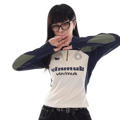 レトロ速乾日焼け止め長袖男性運動ランニング半ジッパーカップル訓練服衝突色修身tシャツ女性