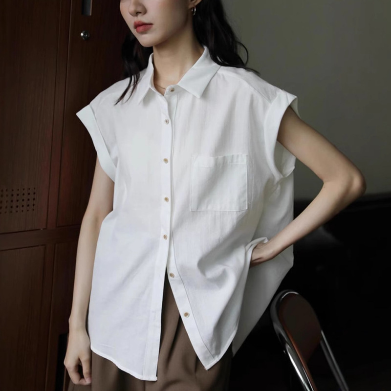 creamy-white Simple Slimming Design Sense Sleeveless Shirt Women's Summer New Retro Solid Color Style Shirt Top
