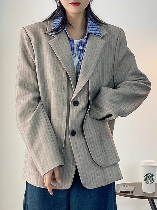 设计感小众假两件西装外套女廓形高级感宽松质感中性垫肩西服上衣|undefined