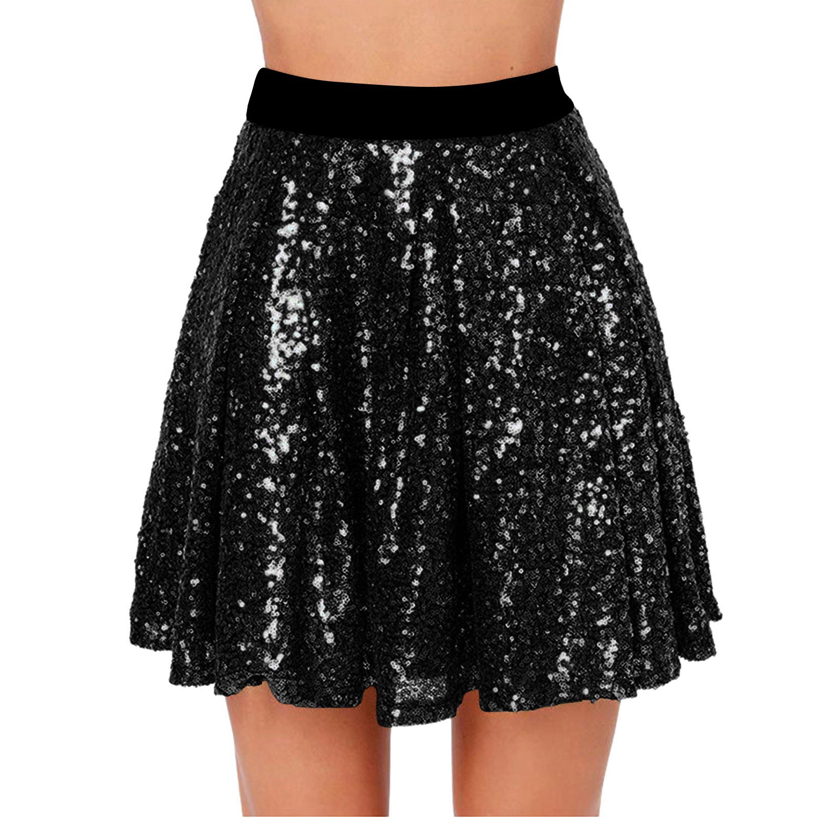 2026 Cross-Border Wish Aliexpress New European and American Style Shiny High-Waisted Slimming Sequin Elastic Waist Pleated Skirt for Women