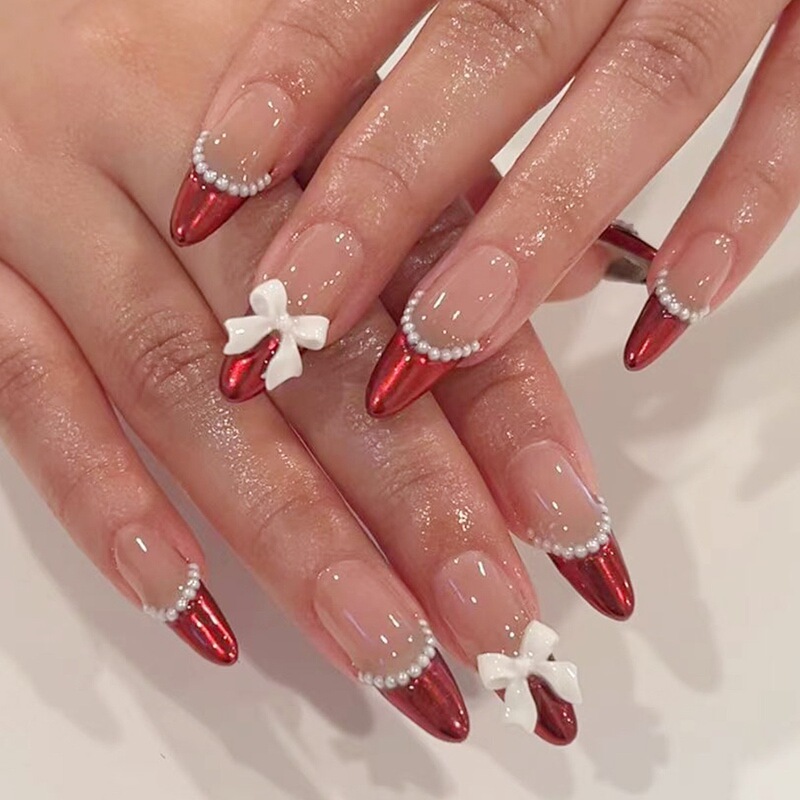 Drop Red French Manicure Pieces Pearl French Bow Nail Pieces Cross Border Almond Armor Drop Red French Manicure Pieces Pearl French Bow Nail Pieces Cross Border Almond Armor