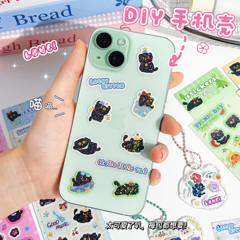 黒子猫 Guka ステッカーかわいいレーザーノートブックステッカー漫画子供 DIY ノートブック装飾ステッカーペースト|undefined