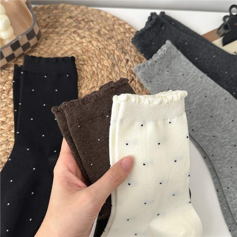 Women's mid-calf socks for autumn and winter, Korean style sweet socks for girls, polka dot lace socks, college style versatile long socks