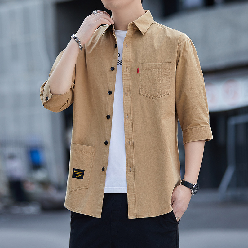 2025 New Cropped Sleeve Shirt Men's Summer Thin Cardigan Mid-Sleeve Shirt Wear-Resistant and Stain-Resistant Loose Jacket