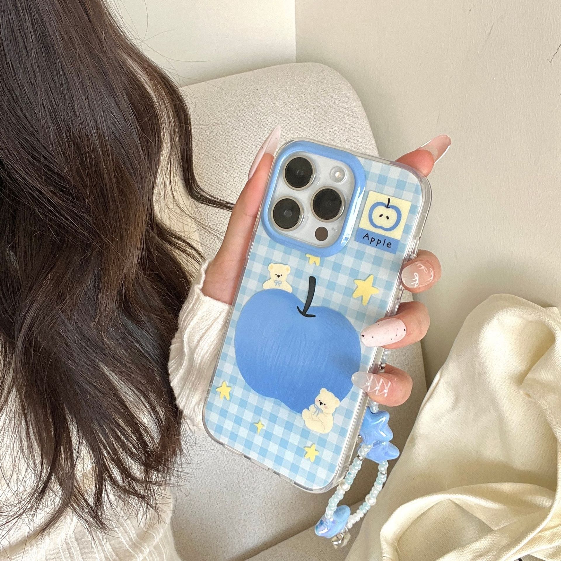 Coreano azul a cuadros Apple Bear para iPhone15Pro Pareja Funda para teléfono móvil 16ProMax Nuevo 14/13
