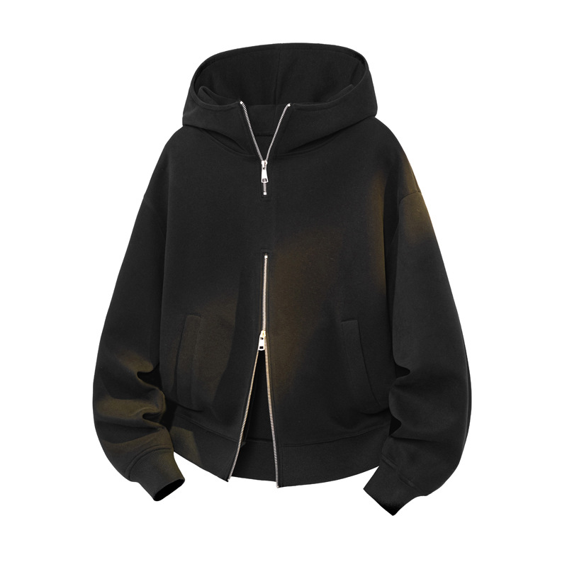 400G Heavy-duty Double-zipper Hooded Sweatshirt For Men, Autumn Trendy American Style Cleanfit Gray Loose-fitting Jacket_voghion.com