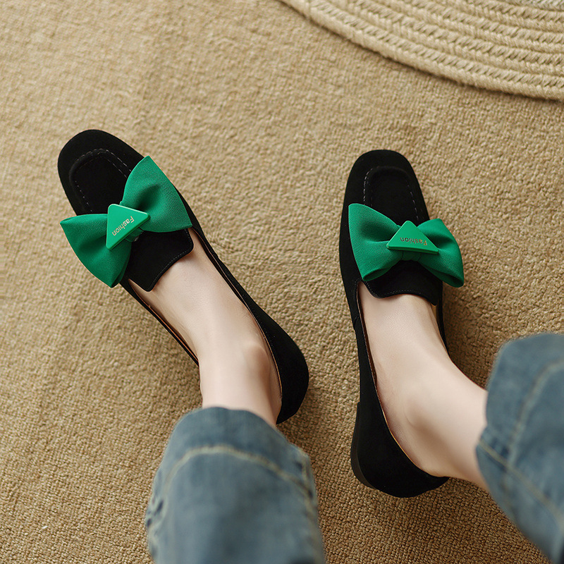 Retro low shoes square toe flat with bow