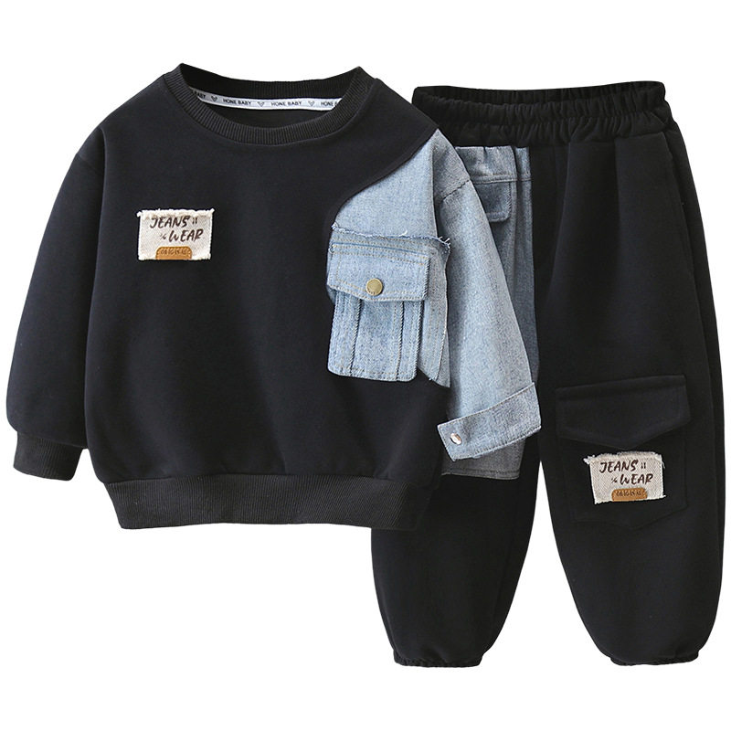 5909 traje de suéter para niños 2024 otoño nueva ropa de primavera y otoño para niños Traje de dos piezas de mezclilla cool para niños