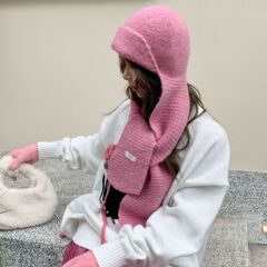 ウールの縁取りの広いつばの鉢の帽子の純色のニットの毛糸の帽子のマフラーの一体の帽子の冷たい帽子の保温のニットの帽子の女性の冬