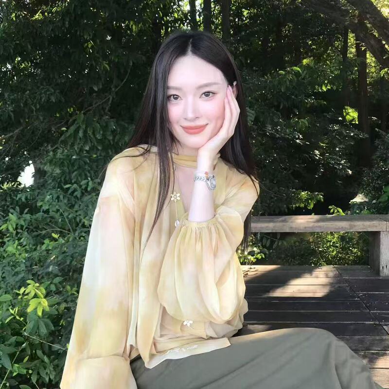 正确版！定染飘带长袖衬衫女夏季新款法式晕染灯笼袖收腰衬衣|undefined