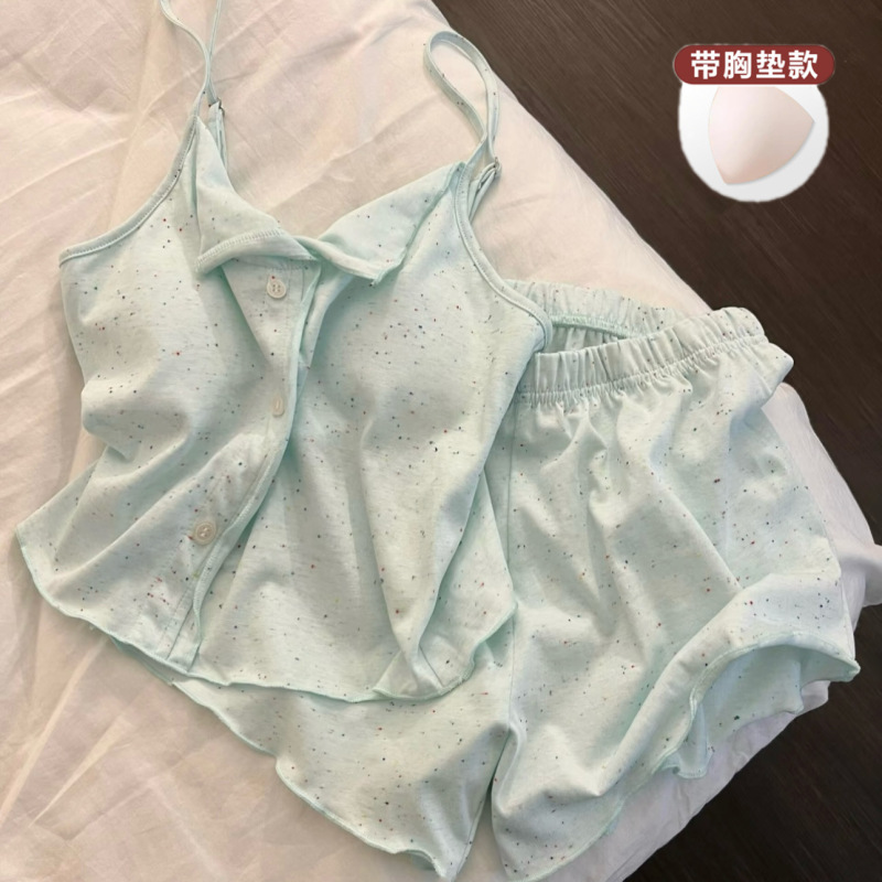 胸パッド付き、小さなフレッシュミントグリーンの甘いモーダルコットンサスペンダーショーツパジャマ、女性用夏の新しいホームウェア|undefined