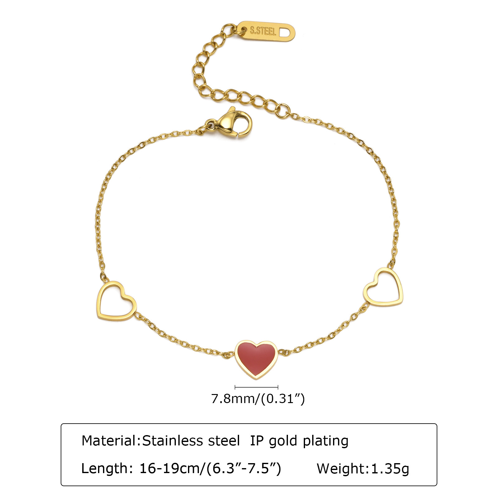 4g Weight 0.03µm-0.05µm Gold Plating Thickness PVD Coated Gold Plating Process Simple Style Heart Shape 201 Stainless Steel Stainless Steel Bracelets In Bulk