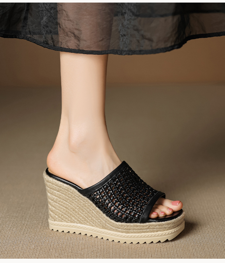 Sandal cao gót nữ mũi vuông đế rơm gót 10 cm — màu đen, màu trắng chi tiết 9