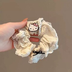 韩版春夏新款发圈米色温柔感发饰拼接毛巾绣发绳kt猫扎马尾肠圈女