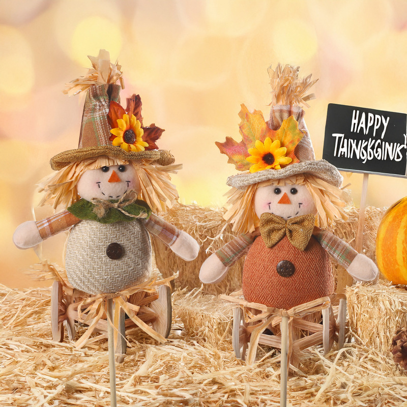 Mingguan Thanksgiving Decorations Harvest Season Boys and Girls Scarecrow Wooden Stick Doll Autum Home Decoration Plug-In