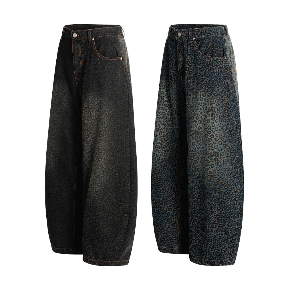 ​​Retro Leopard Print Men's Jeans - High Street Vintage Wide Leg Trousers With Distressed Washed Finish​​_mkmklike.com