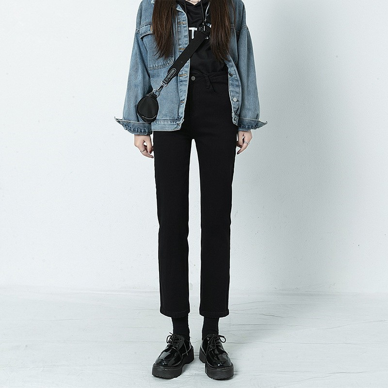 Black Cropped Straight-Leg Spring/Summer Jeans for Women, 2026 Autumn New Popular Style, Slim-Fit Cigarette Pants for Petite Figures