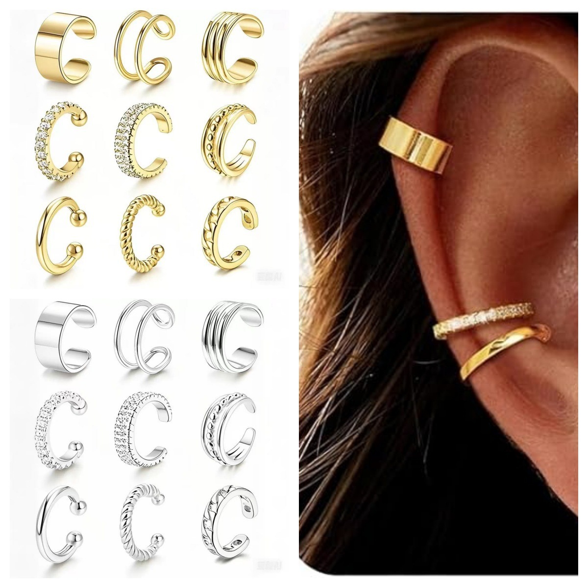 Amazon's Best-Selling Non-Pierced 9-Piece Set of Ear Clips, Silver Round Hoop Style, Non-Pierced Ear Clips, Adjustable Ear Bone Clips