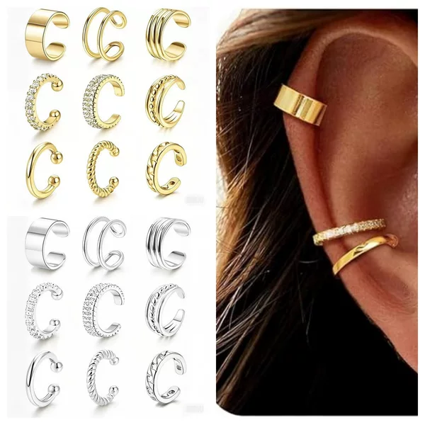 Amazon's Best-Selling Non-Pierced 9-Piece Set of Ear Clips, Silver Round Hoop Style, Non-Pierced Ear Clips, Adjustable Ear Bone Clips