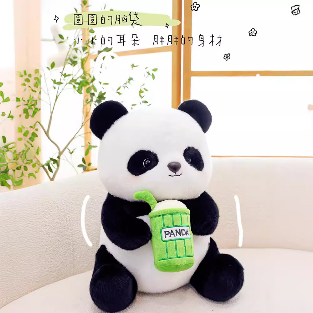 Linda simulación panda gigante muñeca peluche sosteniendo taza de té con leche muñeca muñeca regalo de cumpleaños para niños para novia