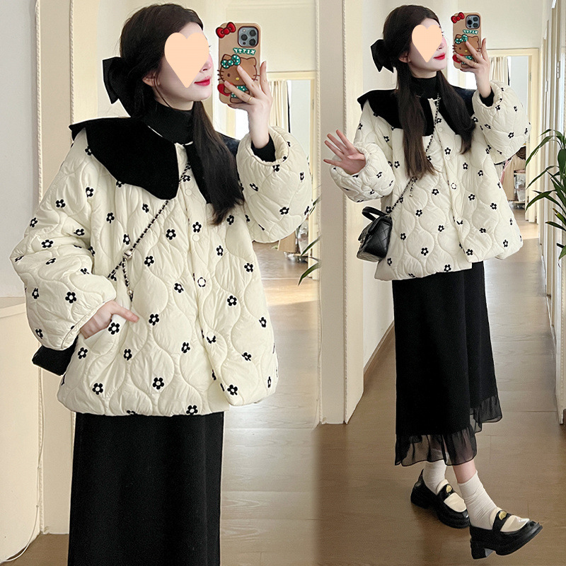 달콤하고 나이를 줄이는 인형 칼라 코튼 코트 유행 엄마 가을과 겨울 새로운 스타일 슬림 블랙 드레스 임산부 정장