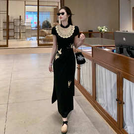 凌茜恣禾 墨蝶吟 新中式复古改良旗袍女春夏缎面蝴蝶绝美连衣裙