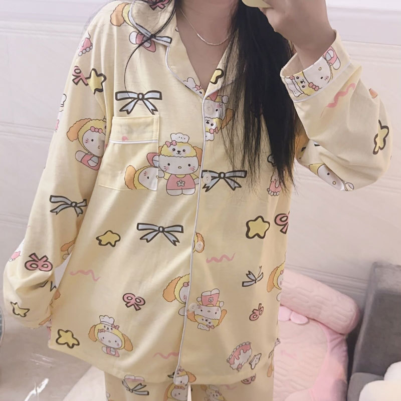新款纯棉睡衣女秋长袖长裤开衫卡通可爱帕恰狗女款舒适家居服套装|undefined
