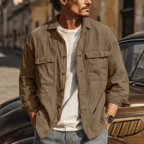 Camisas de pana en otoño e invierno, moda masculina, calle alta, cardigan de botón, abrigo de rayas, exportación transfronteriza masculina