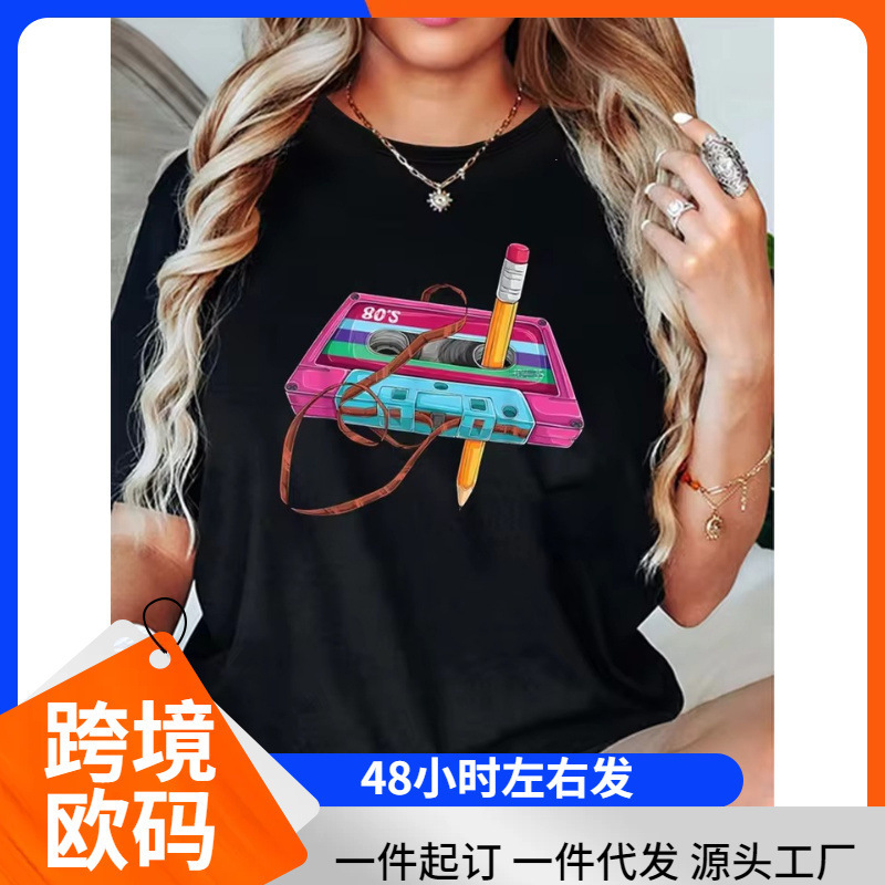 Women's T-Shirt with Music Festival Retro Cassette Design - 80S Music and Fashion Collision Pattern Print Women's Crew Neck