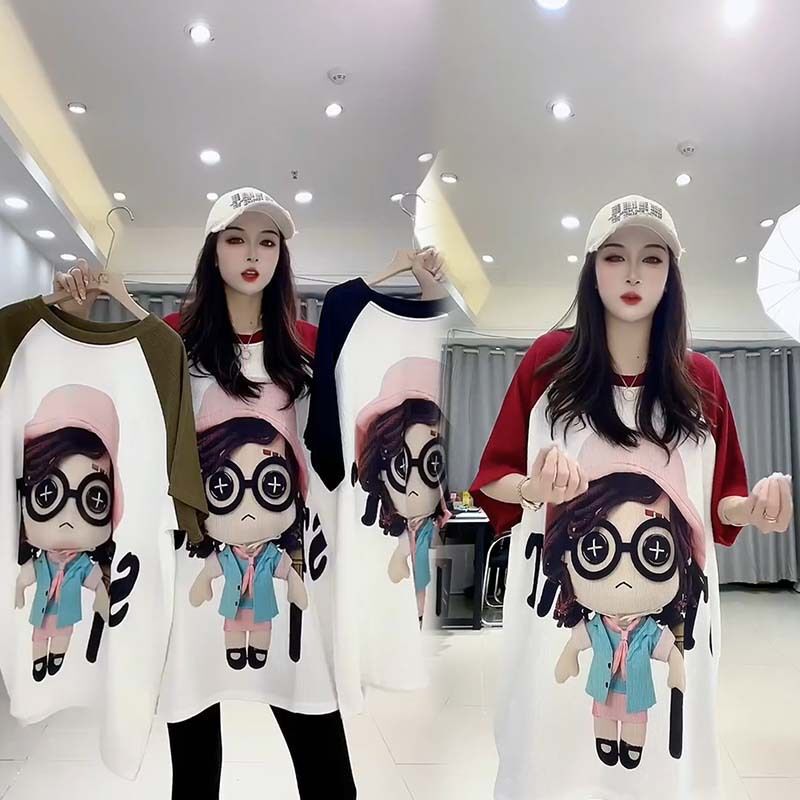 Plus Size Women's Clothing 1.0-150kg Color-Block Sleeve Printed Mid-Length Short-Sleeve T-Shirt Summer Color-Blocking Half-Sleeve Top Trendy